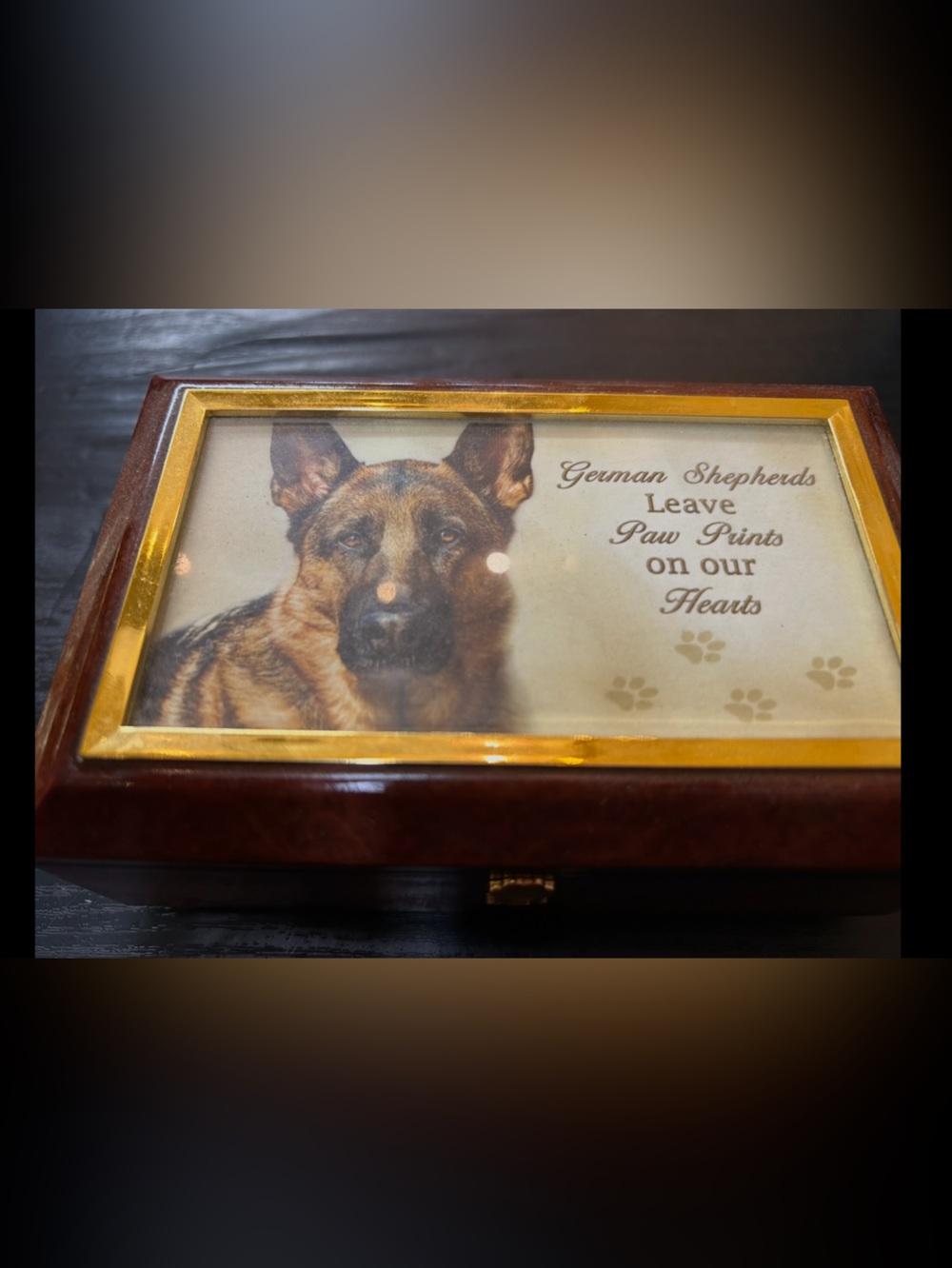 Wooden German Shepherd Keepsake Box in Brown and Gold